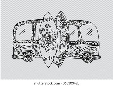 Retro bus with surf boards in zentangle style. Hand drawn illustration.