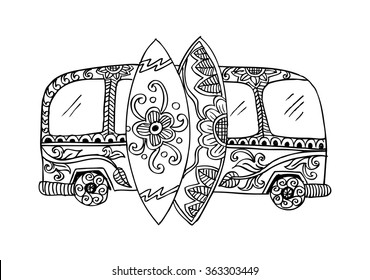 Retro bus with surf boards in zentangle style. Hand drawn illustration.
