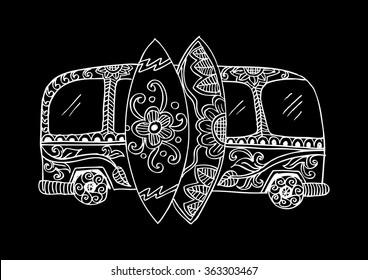 Retro bus with surf boards in zentangle style. Hand drawn illustration.