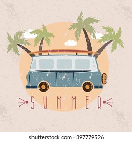 retro bus with surfboard grunge vector design template