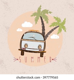 retro bus with surfboard grunge vector design template