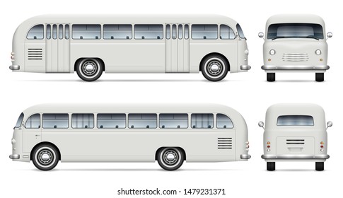 Retro bus vector mockup on white background view from side, front, back. All elements in the groups on separate layers for easy editing and recolor