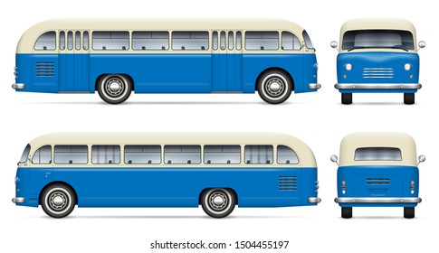 Retro bus vector mockup on white background view from side, front, back. All elements in the groups on separate layers for easy editing and recolor