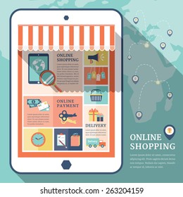 Retro business online shopping flat icons with globel background