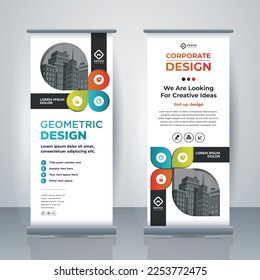 Retro Business Roll Up. Standee Design. Banner Template. Presentation and Brochure. Geometric x-banner and flag-banner advertising. Vector illustration.