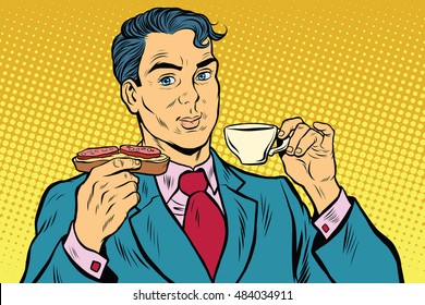 Retro businessman eating Breakfast, coffee and sausage sandwich, pop art vector illustration