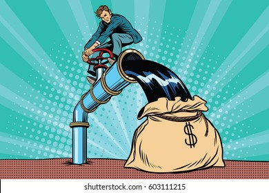 Retro businessman fills the oil in the bag of money. Pop art comic book vector illustration