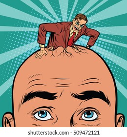 Retro businessman hatches from the head men, pop art vector