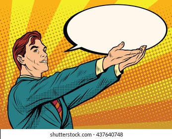 Retro businessman holding a comic bubble