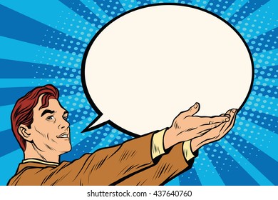 Retro businessman holding a comic bubble
