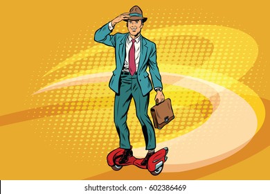 Retro businessman on steampunk rocket skateboard. Pop art vector illustration