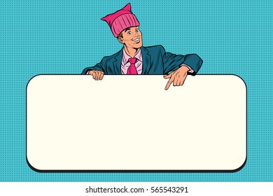 Retro businessman in a pussy hat indicates information Billboard