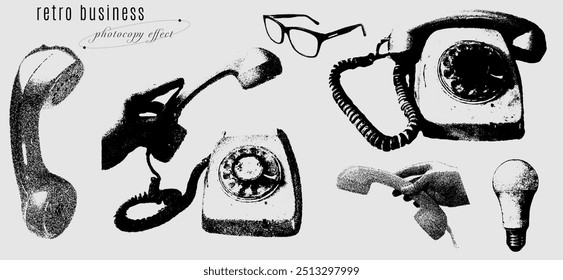 Retro business-themed collage with grainy photocopy texture, featuring vintage rotary phones, glasses, and lightbulb, creating a nostalgic, minimalist aesthetic.