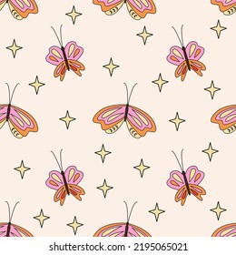Retro butterflies seamless pattern. 1970 vibes groovy pattern with butterfly. Groovy hippie background