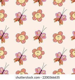 Retro butterflies seamless pattern. 1970 vibes groovy pattern with butterfly. Groovy hippie background
