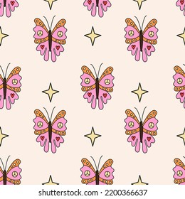 Retro butterflies seamless pattern. 1970 vibes groovy pattern with butterfly. Groovy hippie background