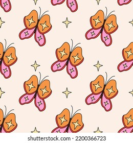 Retro butterflies seamless pattern. 1970 vibes groovy pattern with butterfly. Groovy hippie background