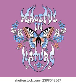 Ilustración retro de mariposa y flores vectorial. Diseño de impresión de moda.