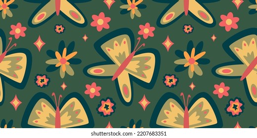 Retro butterfly groovy seamless pattern. Boho vector background. Hippie psychedelic seamless pattern. Retro groovy background. Design with daisy flower