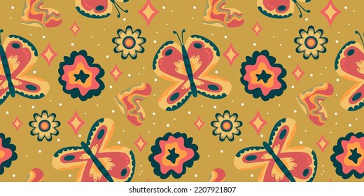Retro butterfly groovy seamless pattern. Boho vector background. Hippie psychedelic seamless pattern. Retro groovy background. Design with daisy flower and star