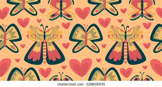 Retro butterfly groovy seamless pattern. Boho vector background. Hippie psychedelic seamless pattern. Retro groovy background. Design with daisy flower and heart