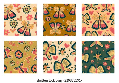 Retro butterfly groovy seamless pattern set. Boho vector background. Hippie psychedelic seamless pattern. Retro groovy background. Design with daisy flower and heart.