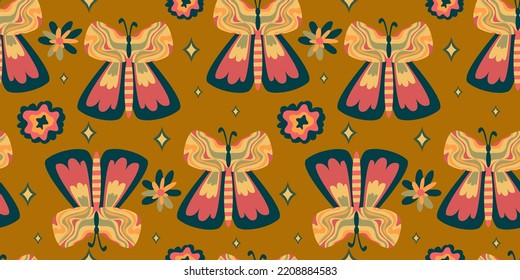 Retro Schmetterling groovy nahtlose Muster. Boho, Vektorhintergrund. Psychedelisches, nahtloses Muster. Retro-grauer Hintergrund. Design mit blühender Blume