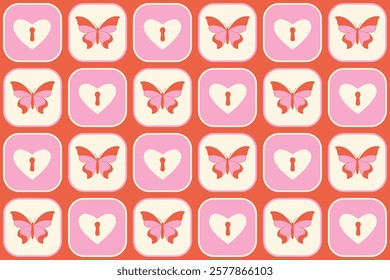 Retro butterfly and keyhole heart seamless pattern on geometric background vector illustration. Groovy romantic ornament design for textile, fabric, packaging. 60s and 70s aesthetic 