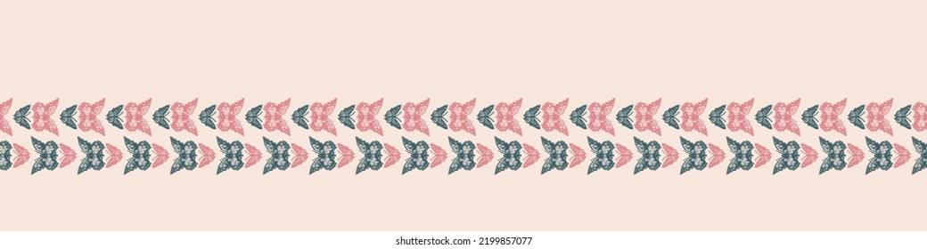 Retro butterfly seamless border. 70s style ecological insect garden wildlife trim. Earthy decorative lepidoptera edging.