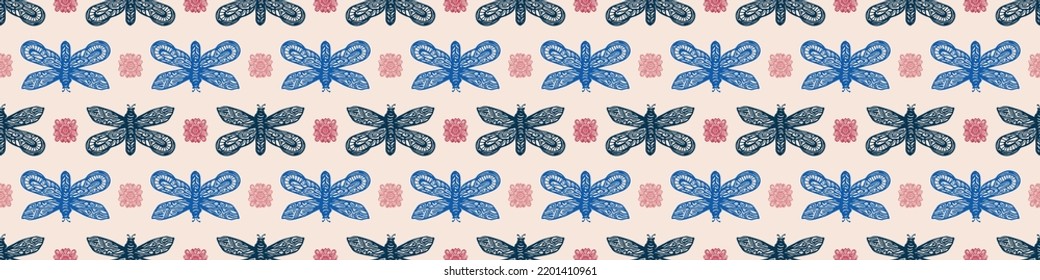 Retro butterfly seamless border. 70s style ecological insect garden wildlife trim. Earthy decorative lepidoptera edging.