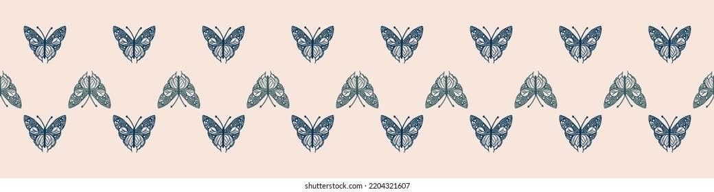 Retro butterfly seamless border. 70s style ecological insect garden wildlife trim. Earthy decorative lepidoptera edging.