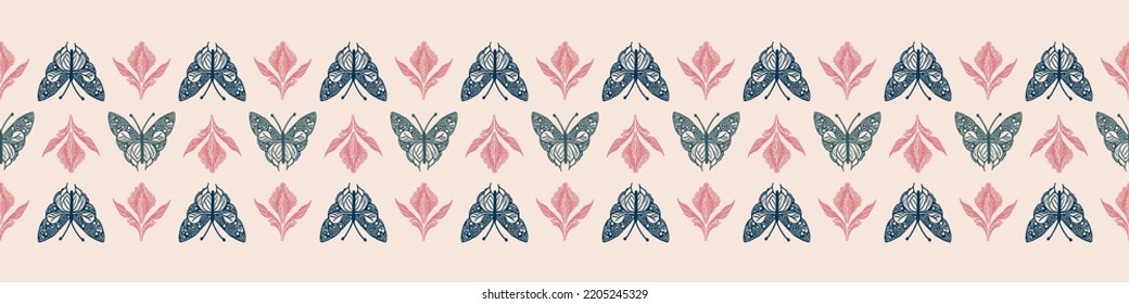 Retro butterfly seamless border. 70s style ecological insect garden wildlife trim. Earthy decorative lepidoptera edging.
