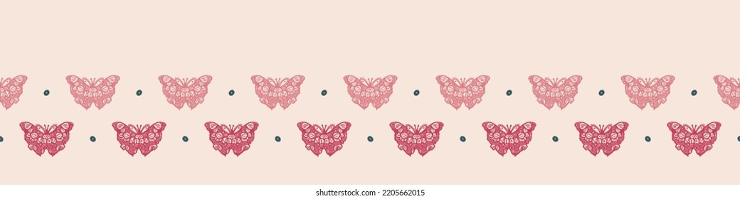 Retro butterfly seamless border. 70s style ecological insect garden wildlife trim. Earthy decorative lepidoptera edging.