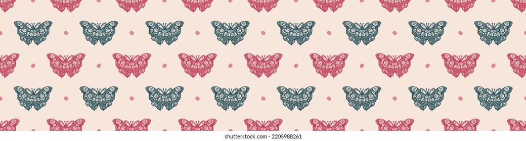 Retro butterfly seamless border. 70s style ecological insect garden wildlife trim. Earthy decorative lepidoptera edging.