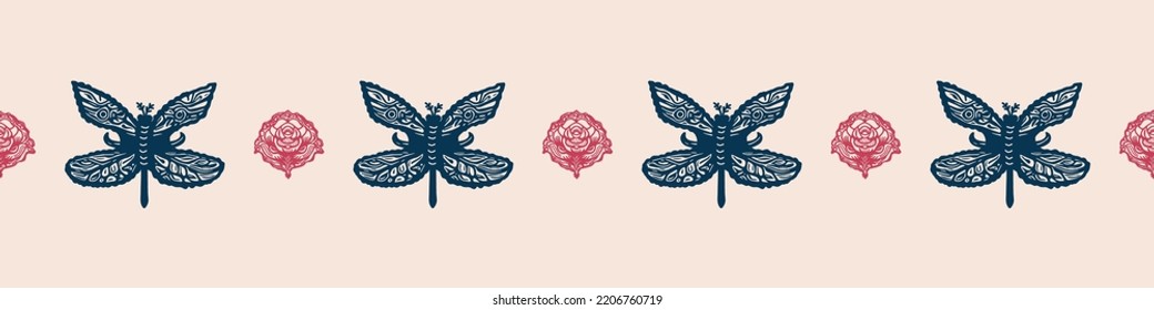 Retro butterfly seamless border. 70s style ecological insect garden wildlife trim. Earthy decorative lepidoptera edging.