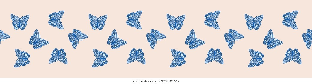 Retro butterfly seamless border. 70s style ecological insect garden wildlife trim. Earthy decorative lepidoptera edging.