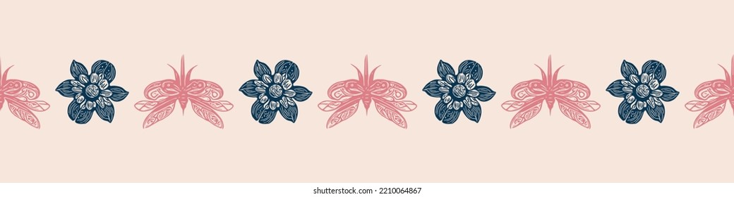 Retro butterfly seamless border. 70s style ecological insect garden wildlife trim. Earthy decorative lepidoptera edging.