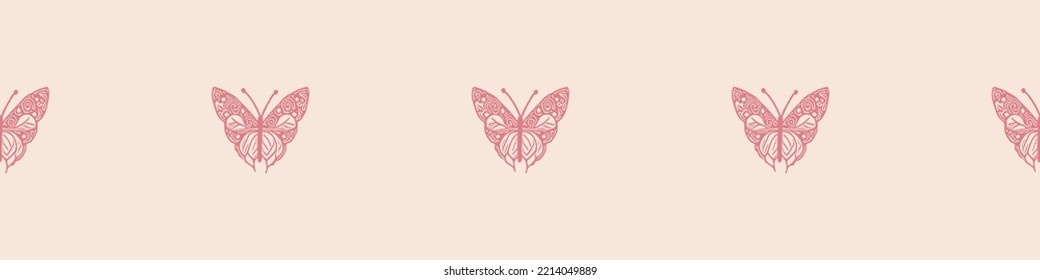 Retro butterfly seamless border. 70s style ecological insect garden wildlife trim. Earthy decorative lepidoptera edging.