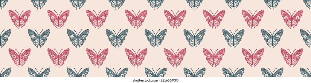Retro butterfly seamless border. 70s style ecological insect garden wildlife trim. Earthy decorative lepidoptera edging.