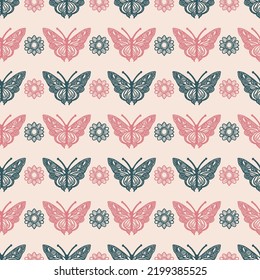 Retro butterfly seamless pattern. 70s style ecological insect garden wildlife wallpaper. Earthy decorative lepidoptera tile. 