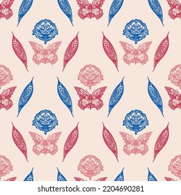 Retro butterfly seamless pattern. 70s style ecological insect garden wildlife wallpaper. Earthy decorative lepidoptera tile. 