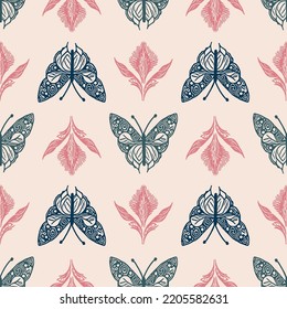 Retro butterfly seamless pattern. 70s style ecological insect garden wildlife wallpaper. Earthy decorative lepidoptera tile. 
