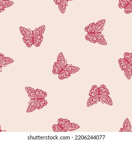 Retro butterfly seamless pattern. 70s style ecological insect garden wildlife wallpaper. Earthy decorative lepidoptera tile. 