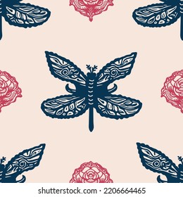Retro butterfly seamless pattern. 70s style ecological insect garden wildlife wallpaper. Earthy decorative lepidoptera tile. 