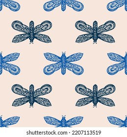 Retro butterfly seamless pattern. 70s style ecological insect garden wildlife wallpaper. Earthy decorative lepidoptera tile. 