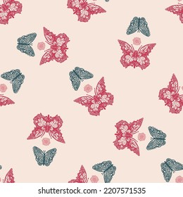 Retro butterfly seamless pattern. 70s style ecological insect garden wildlife wallpaper. Earthy decorative lepidoptera tile. 
