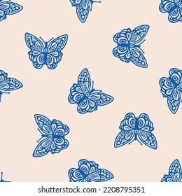 Retro butterfly seamless pattern. 70s style ecological insect garden wildlife wallpaper. Earthy decorative lepidoptera tile. 