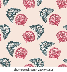 Retro butterfly seamless pattern. 70s style ecological insect garden wildlife wallpaper. Earthy decorative lepidoptera tile. 