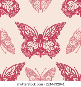 Retro butterfly seamless pattern. 70s style ecological insect garden wildlife wallpaper. Earthy decorative lepidoptera tile. 