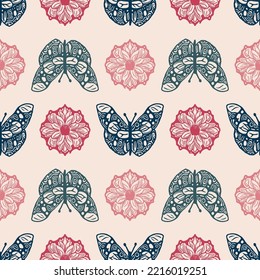 Retro butterfly seamless pattern. 70s style ecological insect garden wildlife wallpaper. Earthy decorative lepidoptera tile. 